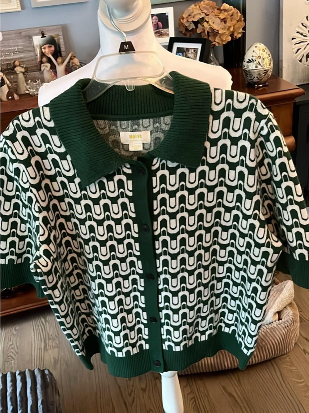 Anthropologie Green and White Geometric Knit Button-Up Cardigan